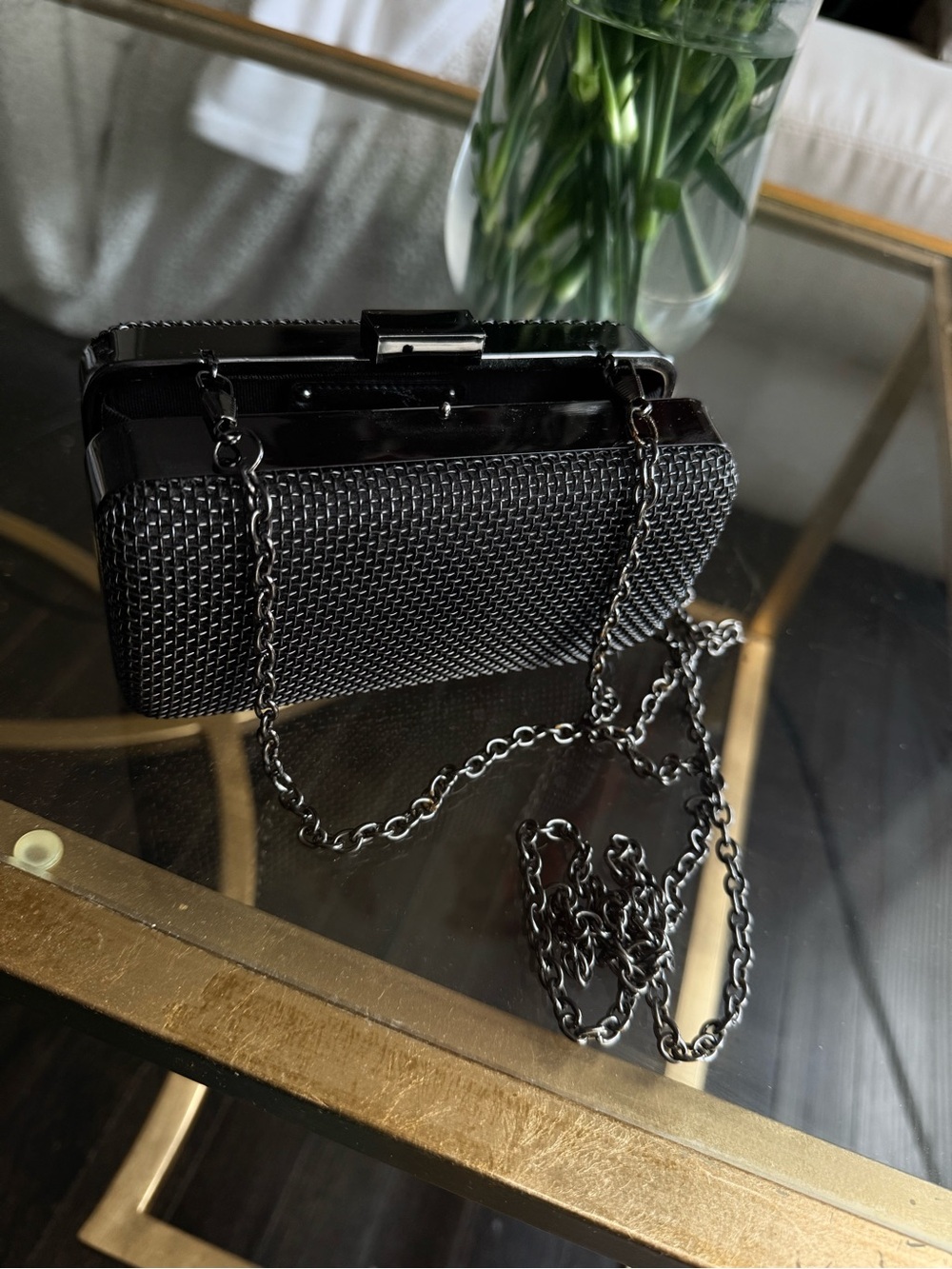 Bebe Dark Metal Mesh Evening Clutch with Chain Strap